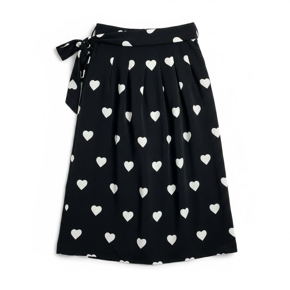 Talbots Black White Heart Print Pleated Midi Skirt Size 8P